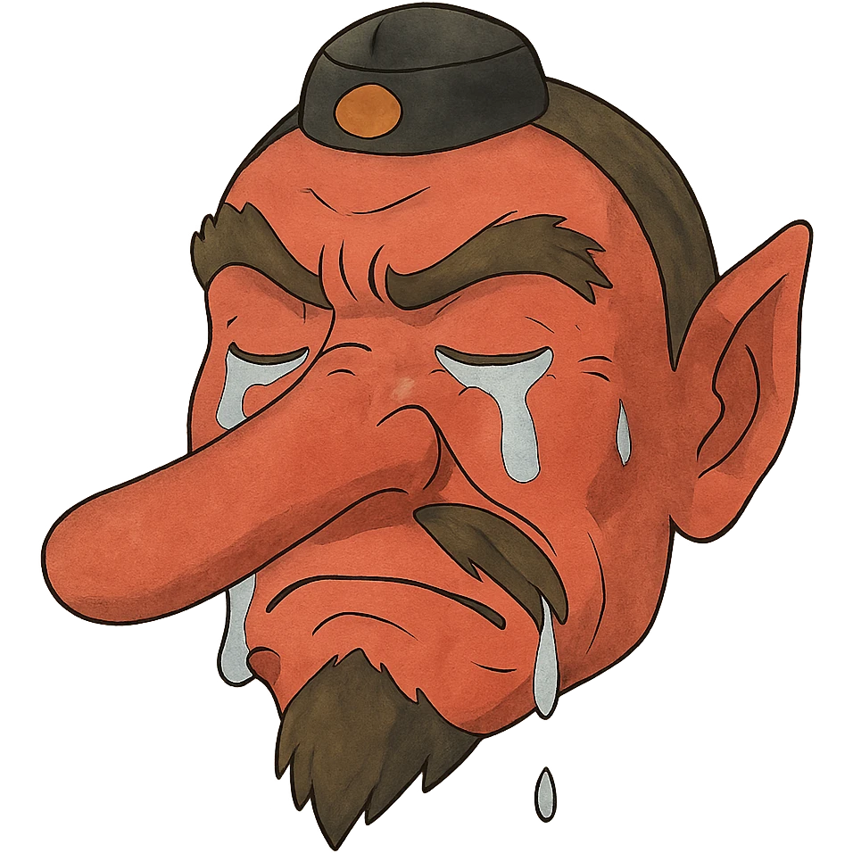 ghibli style tengu face with red skin and long nose, tears streaming down, no background, just the face emoji