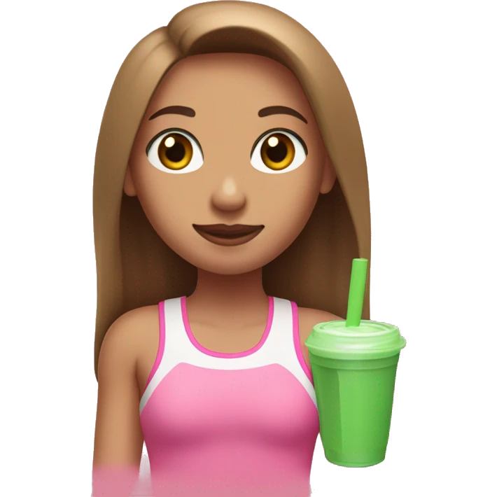 a girl with brown long straightened hair and with Green eyes with pink leggings and pink sports top with a protein shake in her hand emoji