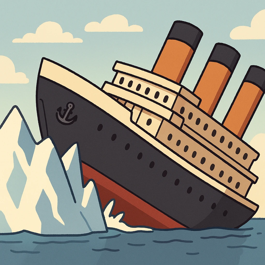 cartoon Titanic hitting iceberg and tilting, minimal details, looping animation emoji