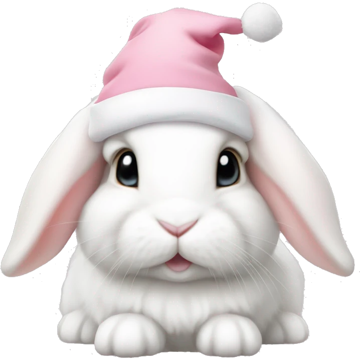 White mini lop rabbit in a light pink Santa hat emoji