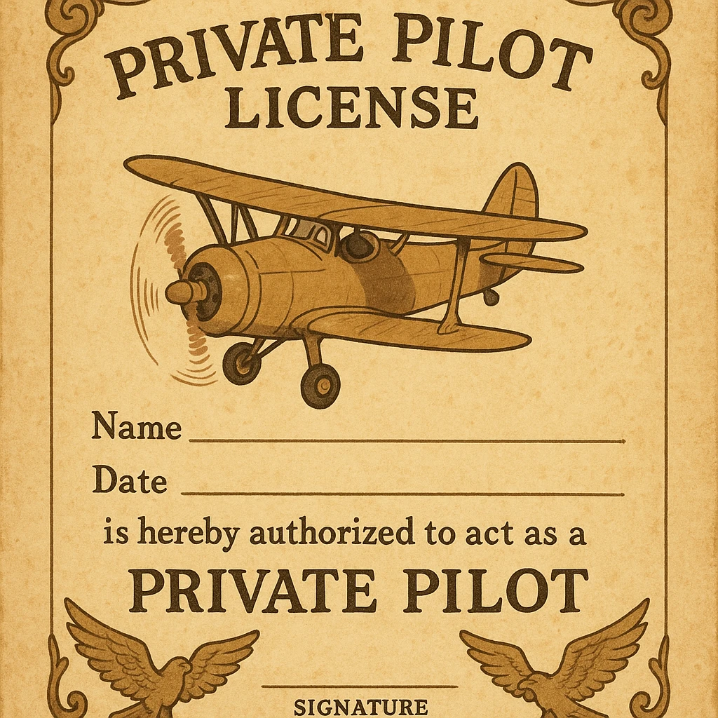 vintage-inspired private pilot license with a parchment background and classic aviation motifs emoji