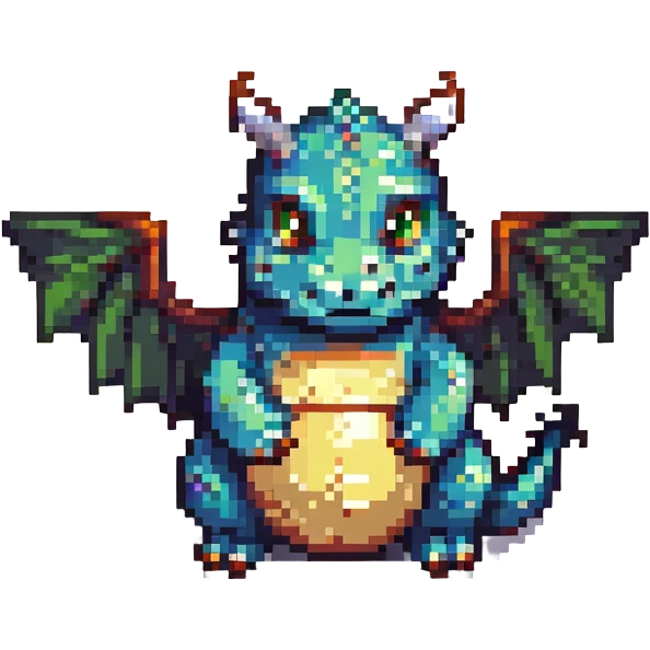 pixel art chubby dragon with very small wings, playful pose emoji