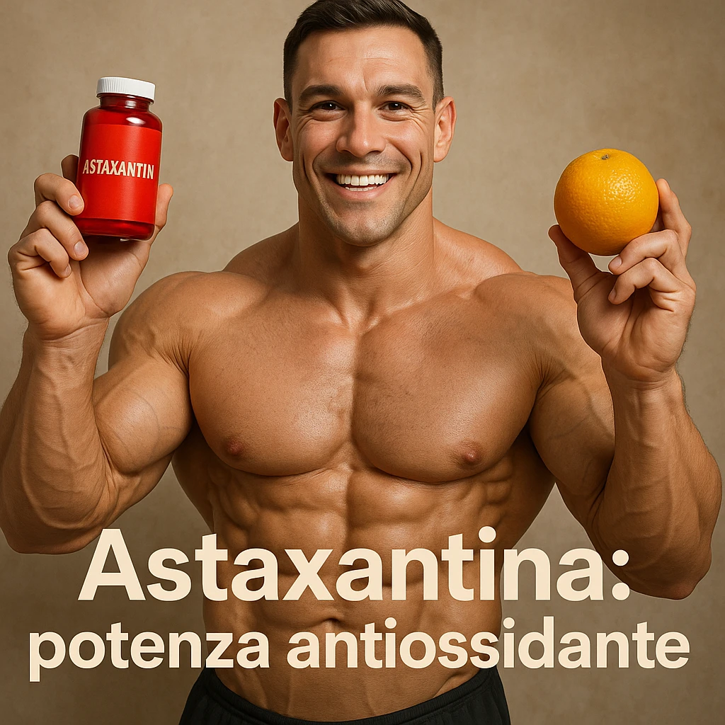 hyper realistic bodybuilder smiling showing astaxanthin and vitamin C, sculpted muscles, red bottle and orange, text 'Astaxantina: potenza antiossidante', positive atmosphere emoji