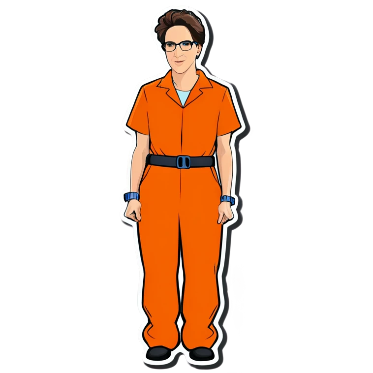 Rachel maddow in handcuffs  behind her back with an orange jumpsuit emoji