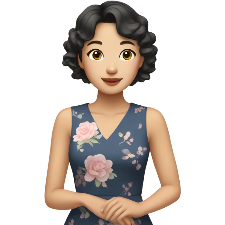 Asian girl with natural makeup,short wavy hair with side bangs in cute dress emoji