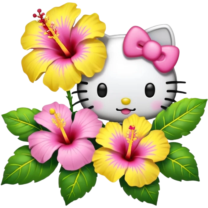 yellow and pink hibiscus flower and hello kitty emoji