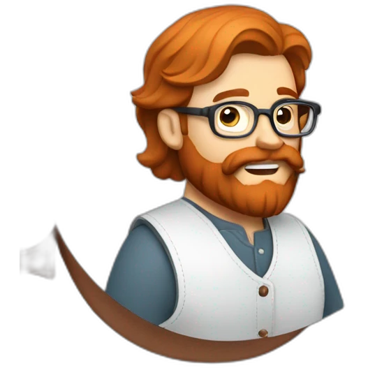 Red smooth haired man with beard and glasses sewing a leather saddle emoji