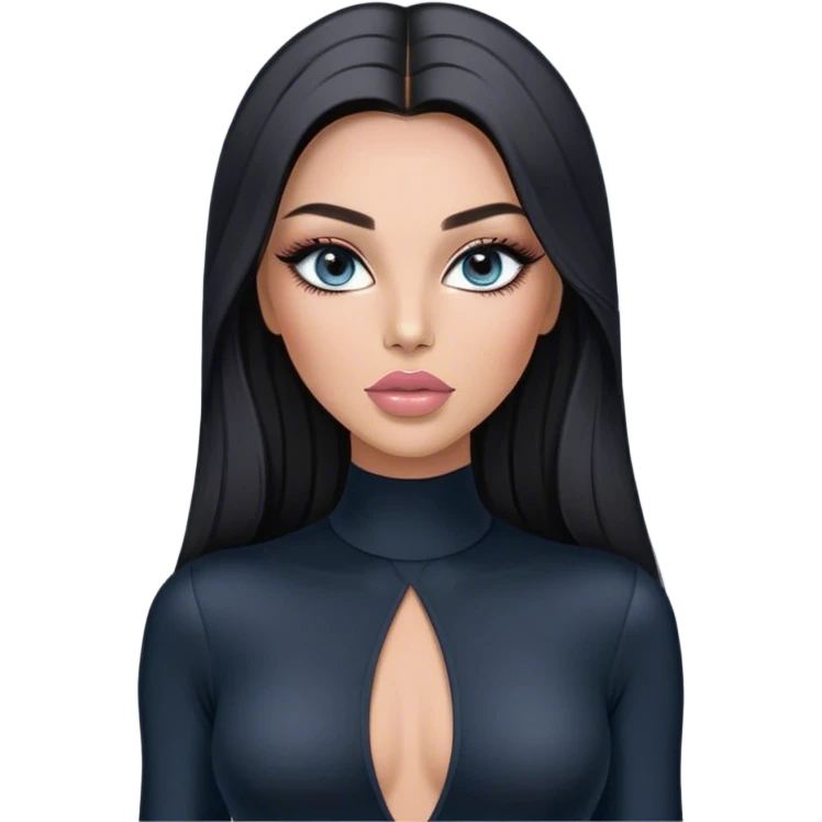 Glamours, tanned, very beautiful girl, with big pump peach-beige-rose lips, long long lashes, black straight smooth silky long hair, straight parting hair, blue-grey eyes in black long-sleeves bodysuit emoji