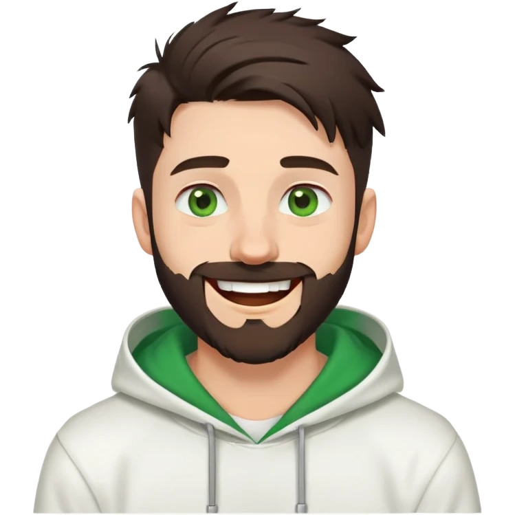 laughing guy with white hoodie, white t-shirt underneath, green eyes, dark brown undercut hairstyle and a short full beard emoji