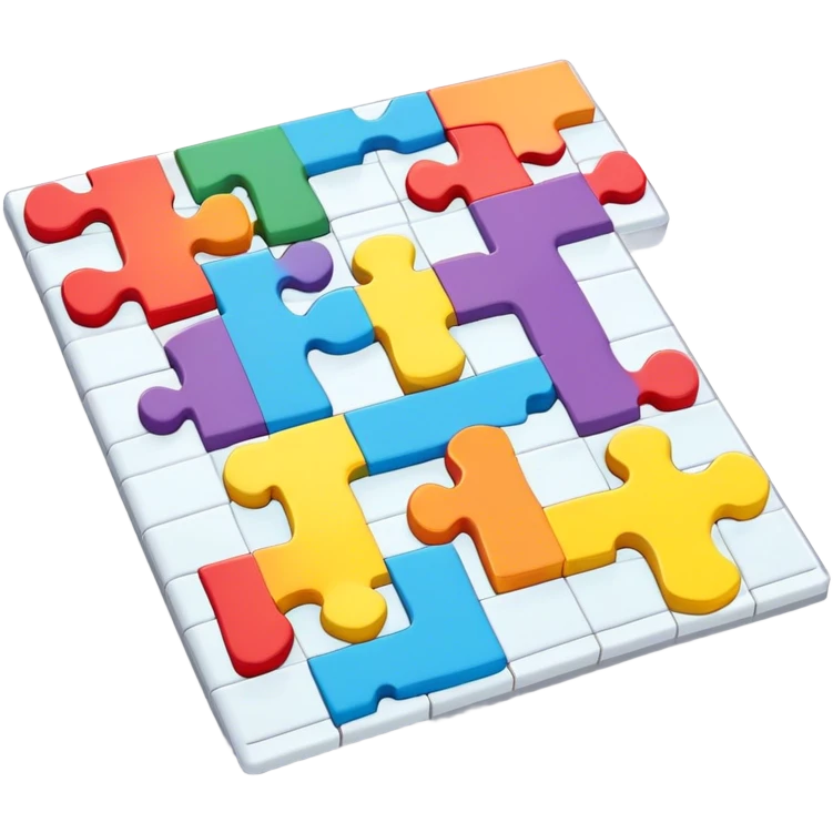 A photorealistic icon with a colorful, fragmented puzzle piece, a crossword magazine, a 3D puzzle, and a partially completed puzzle on a table. Bright, detailed design with realistic lighting. Transparent background, clearly symbolizing puzzles and brain games. emoji