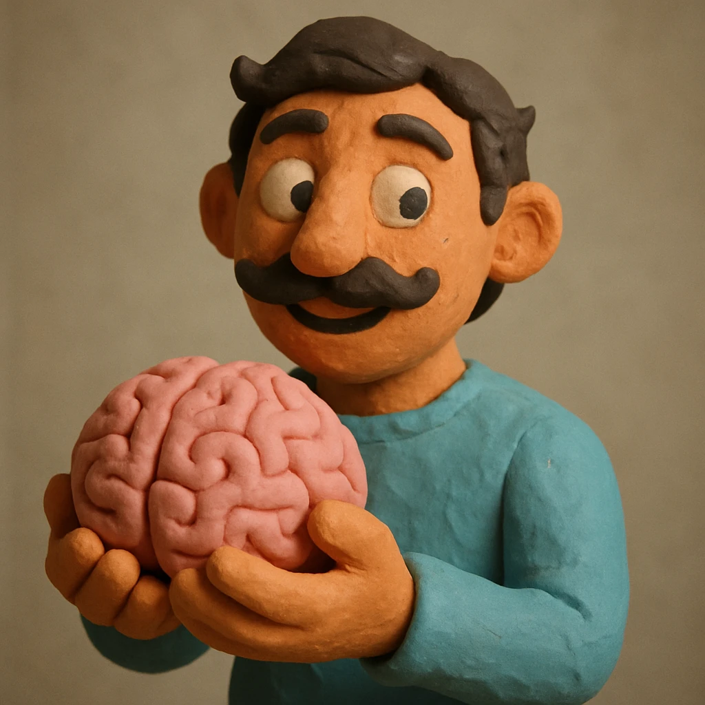 a dark-haired man with a mustache holding a brain, claymation style, whimsical expression, visible fingerprints emoji