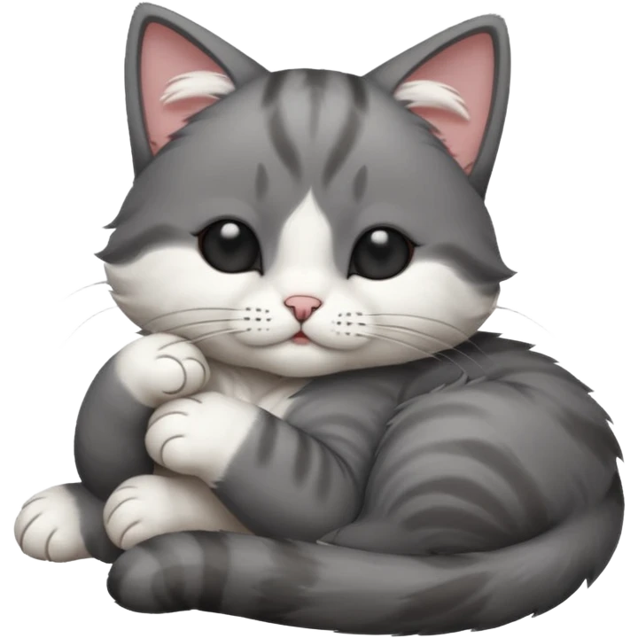 dark grey and white small cat with its eyes closed lying down leaning on its elbow with its paw curled under its head holding it up emoji