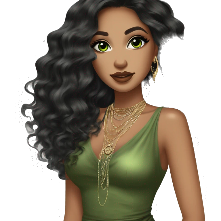 Glamorous, streetwear or cocktail dress, black balayage hair, long wavy hair, olive skin, green almond eyes, winged eyeliner with big lashes, wearing hooped earrings, rings and bracelets  emoji