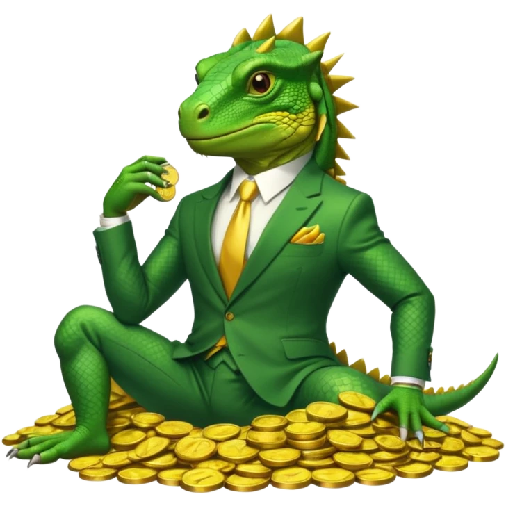 capitalist iguana in suit lying on coins emoji