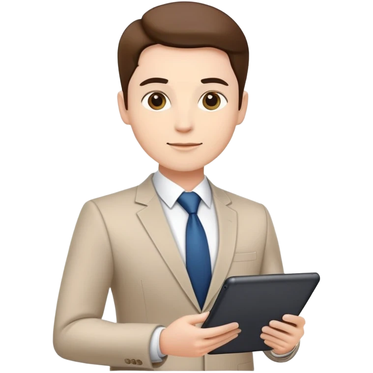 business executive confidently, holding a digital tablet or folder, wears smart business attire emoji