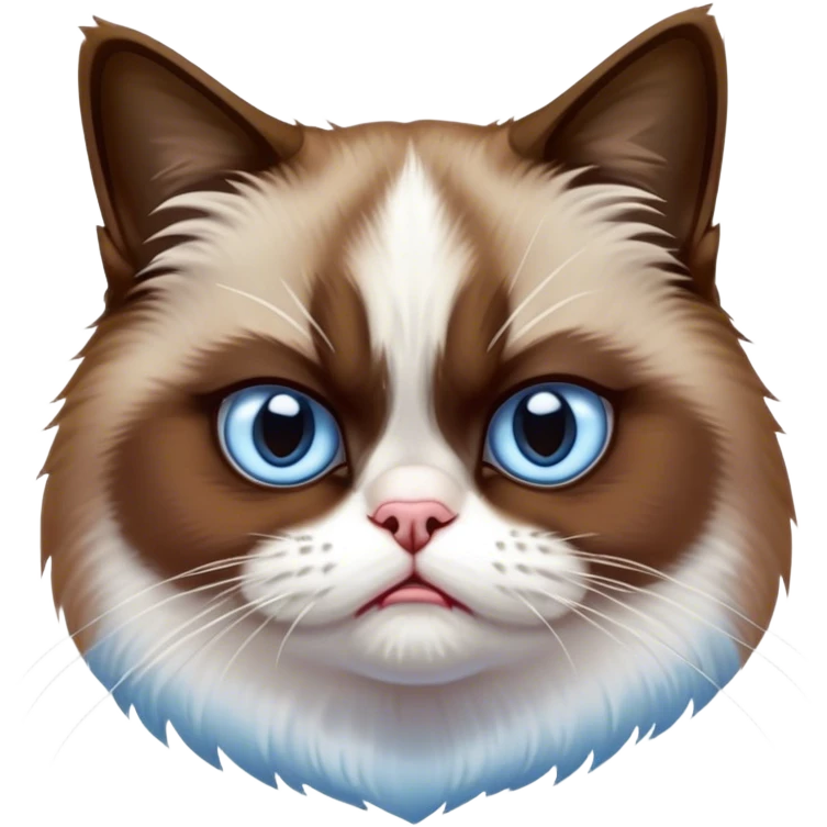 Cinematic Meme-Worthy Grumpy Snowshoe Cat Portrait Emoji, Head held high but eyes filled with dramatic disappointment, soft brown fur, white paws planted firmly in defiance, signature grumpy cat frown perfectly etched on its face, icy-blue eyes radiating pure disapproval, Simplified yet hilariously over-exaggerated features, highly detailed, glowing with an aura of supreme annoyance, high shine, exhausted yet judgmental, stylized with an almost regal pettiness, bright but brooding, soft glowing outline, capturing the essence of a feline that has seen it all and is thoroughly unimpressed, so meme-worthy it feels like it could instantly become the next viral sensation of grumpiness! emoji
