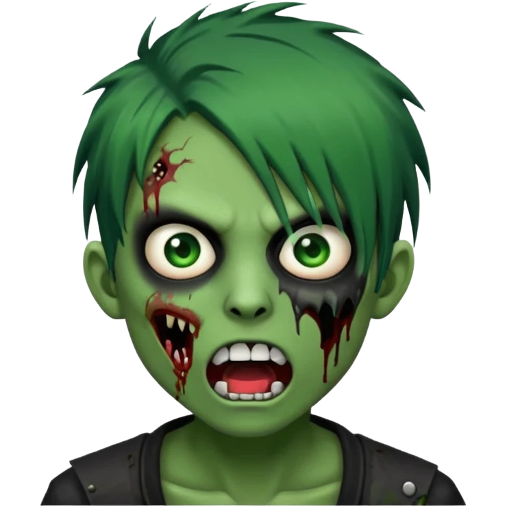  emo zombie black punk hairs green skin with cuts on face and open mouth with fluid coming out of mouth emoji