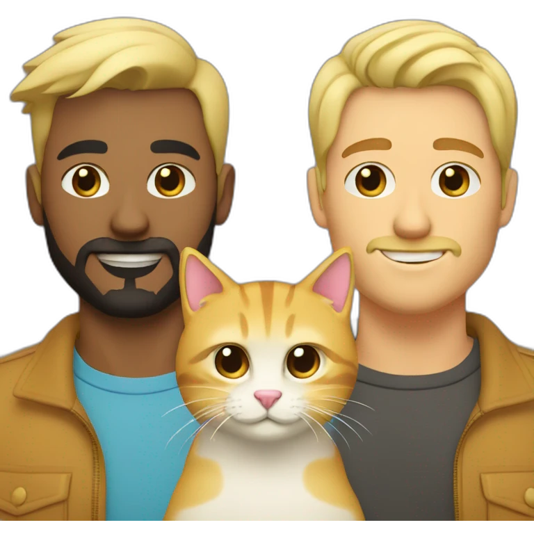 Gay male couple one of them Latino with beard male and the other guy an Australian blonde hair , with a cat in the middle emoji