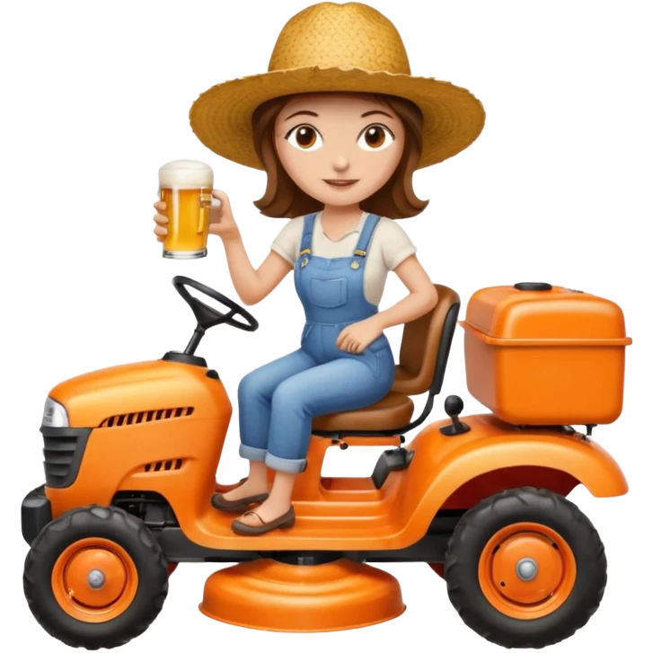 White woman with brown hair, without glasses wearing a straw hat, on old orange ride on lawn mower, holding a beer emoji