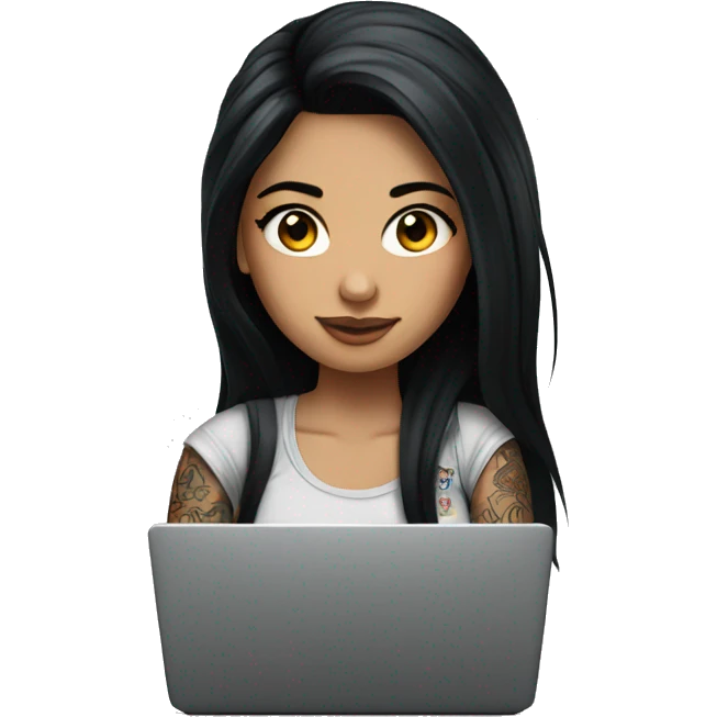 beautiful girl with tattoos, with long black hair, with laptop emoji