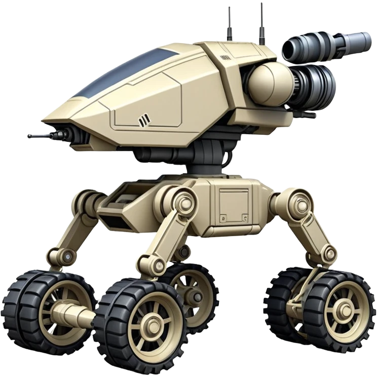 Star Wars jumping accurate 8-wheel armored canine sporty self-balancing massive mech trail vehicle shooting forward side-hill leaning actively robotically articulating hydraulic independent suspended pod gimbal enemy mech off-road racing rover with large fast engine RC basher crawler megatron  emoji