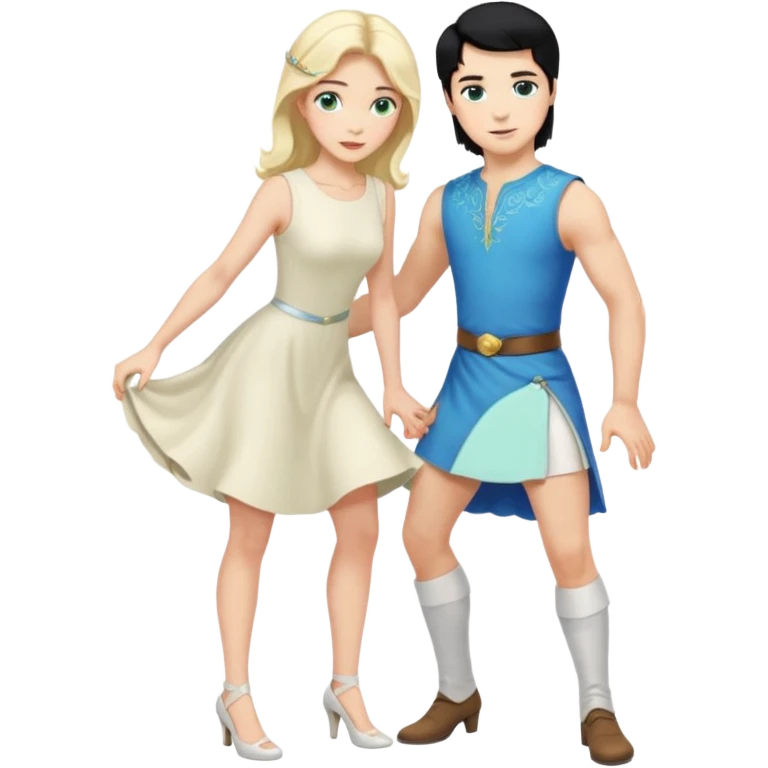 prince, upright, black Hair, blue eyes, Woman, blonde Hair, Green eyes, bending knee, sleveless White Dress, emoji