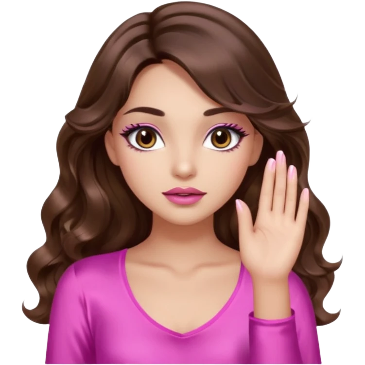 girl with long wavy brown hair, brown eyes, light to medium complexion, in a pink sexy top, pink lips, long lashes, silent motion with the hand emoji