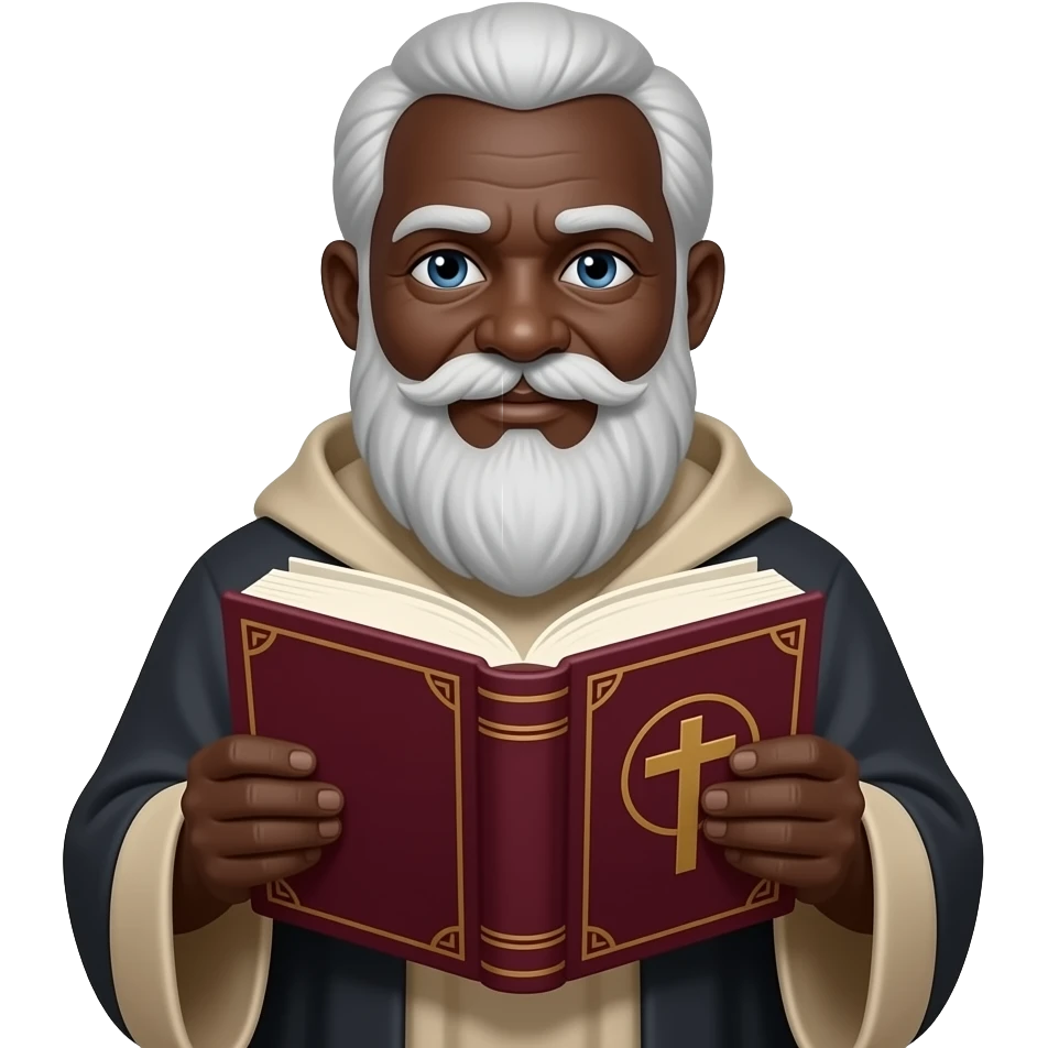 wise old man with greying white hair white beard robe black skin with burgundy book that has a cross on it no circle emoji
