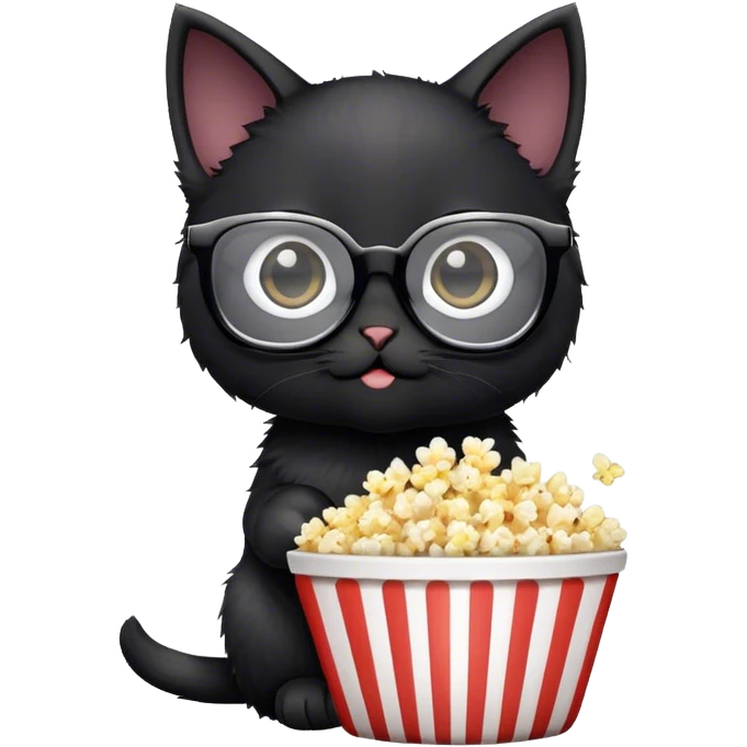 Black kitten watching a movie with popcorn and theatre glasses  emoji