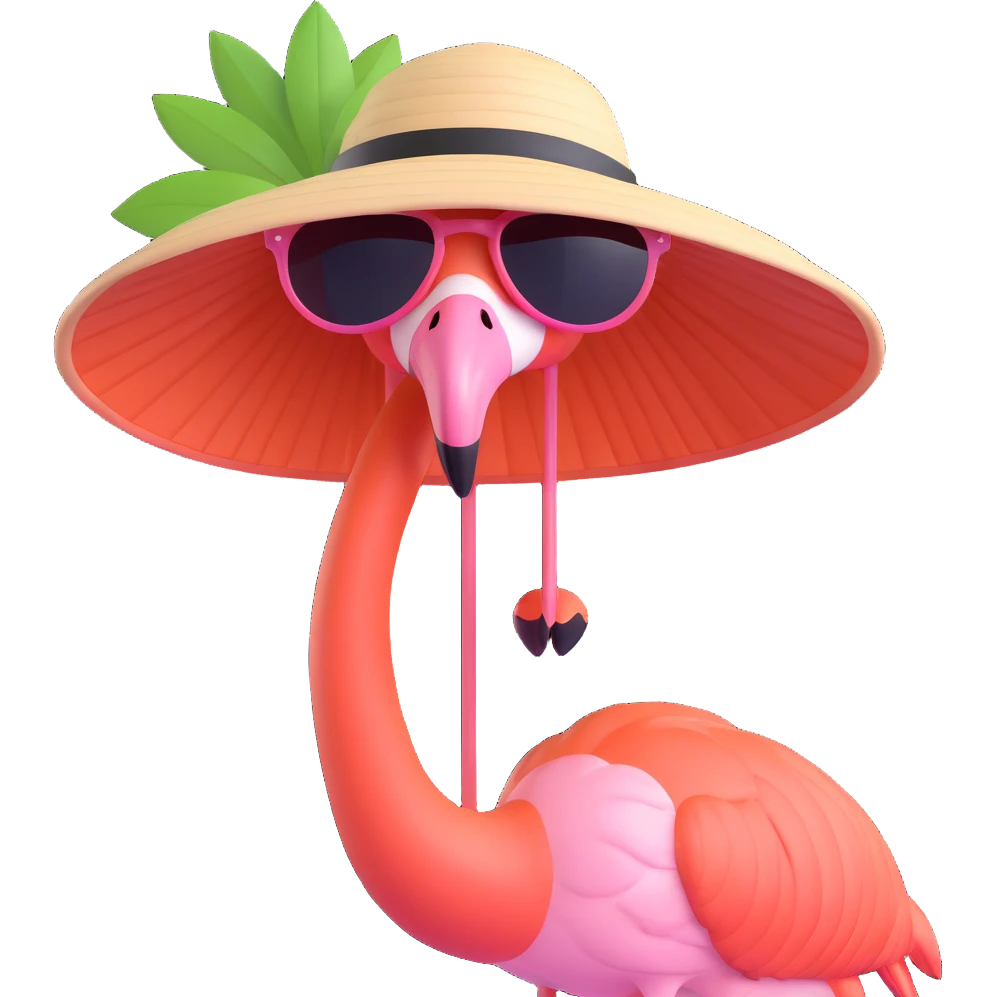 flamingo with sunglasses with a sun hat emoji