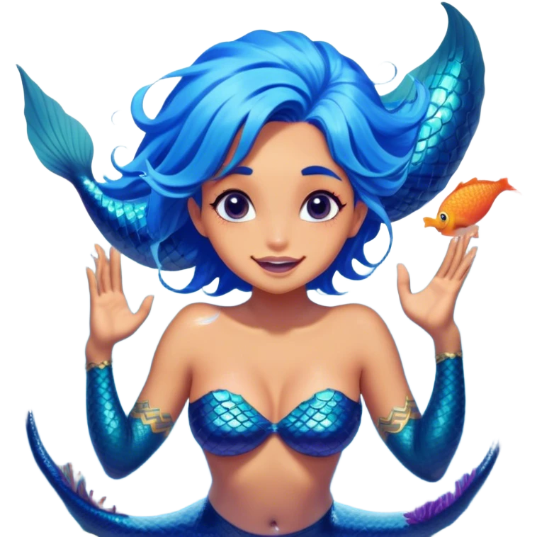 Cinematic Realistic Blue Hair Mermaid Portrait, head tilted dramatically with an exaggeratedly amused expression, featuring a striking, vibrant form with meticulously detailed, flowing blue hair and glowing, tanned skin. Her expressive eyes brim with playful marine mischief, rendered with dynamic underwater lighting and vibrant textures that imbue the scene with an air of cheeky, over‐the‐top oceanic whimsy—capturing the essence of a spirited mermaid ready to enchant with coastal charm. emoji