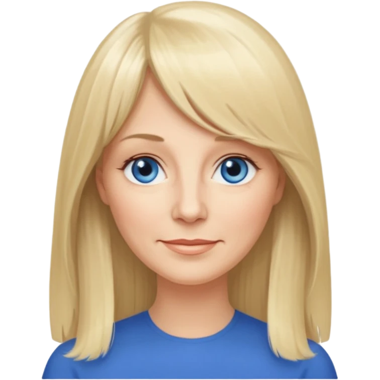 50 yr old white woman, curtain bangs, very long straight blond hair, oval face, small smile, blue eyes, thin face, hair down to elbows, round cheeks, pale, longer hair emoji