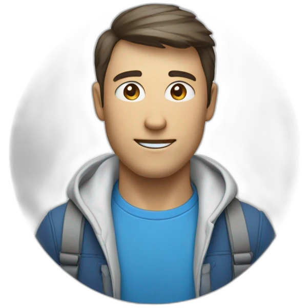 un homme portant un t-shirt bleu avec un logo blanc d’un T dans un cercle  emoji