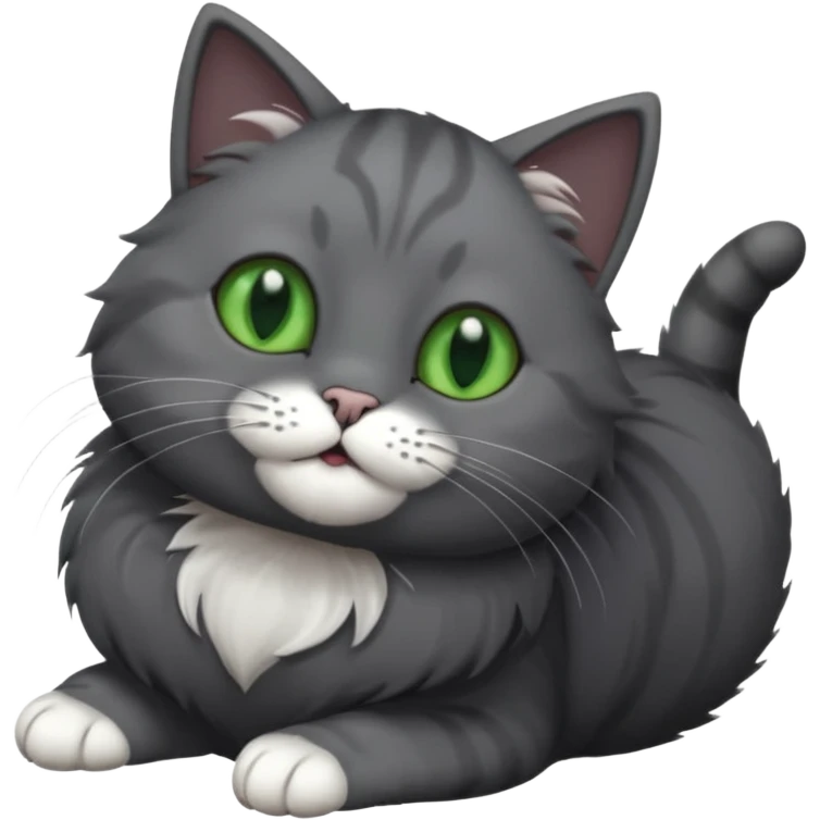solid dark grey cat with green eyes, fully grey face, white toes/paws playfully rolling upside down emoji