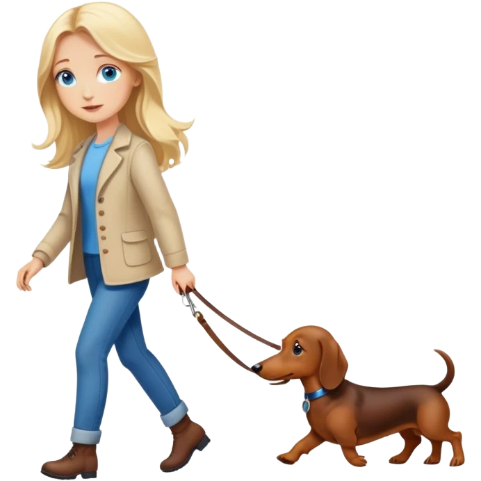blonde girl with long hair and blue eyes walking with a dachshund emoji