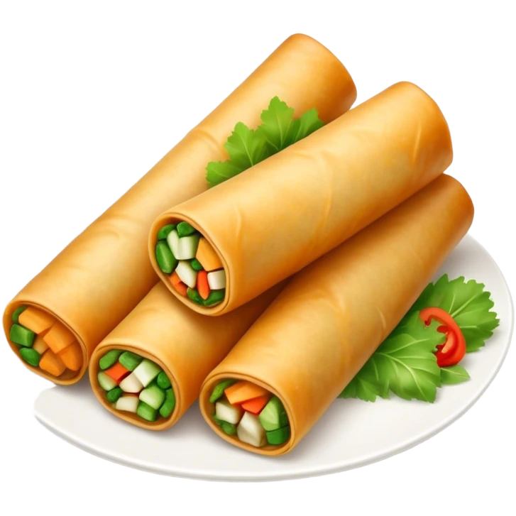 Cinematic Realistic Spring Rolls Dish Emoji, featuring golden, crispy rolls filled with fresh vegetables rendered with detailed textures and warm natural lighting. emoji