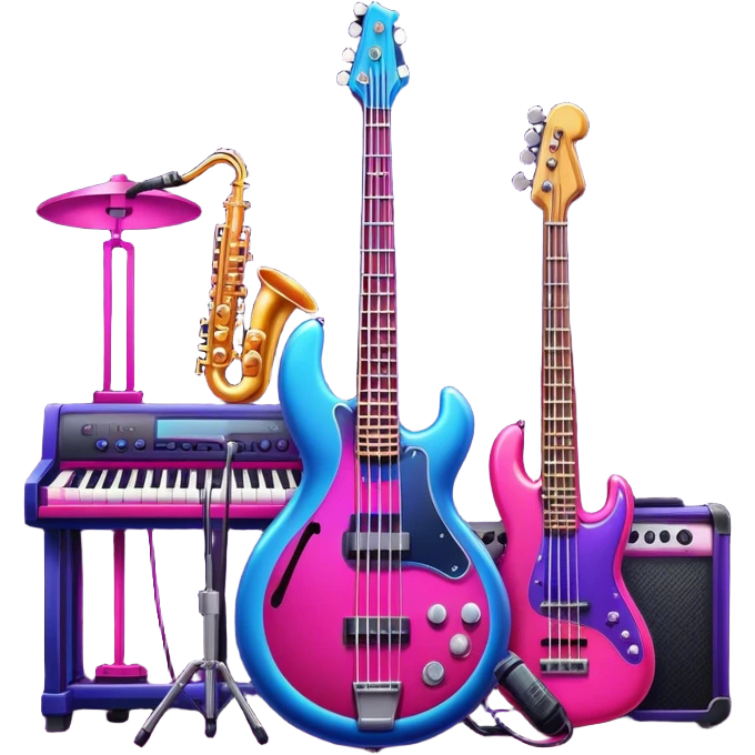 Icon for R&B Music Listening: neon lights and LED lighting in red, purple, blue and pink hues, with a bass guitar, drums, piano, saxophone, trumpet and microphone. Big speakerphones. The icon should evoke the energetic and soulful atmosphere of R&B music. Transparent background. emoji