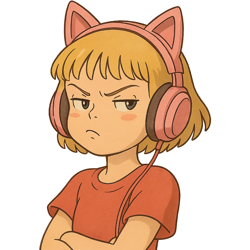 sassy blond girl with short bangs and pink kitty-ear headset emoji