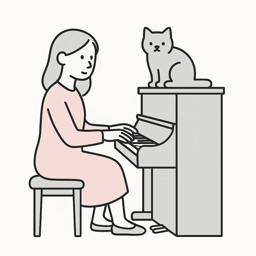 woman playing piano while her cat sits on top of the piano emoji