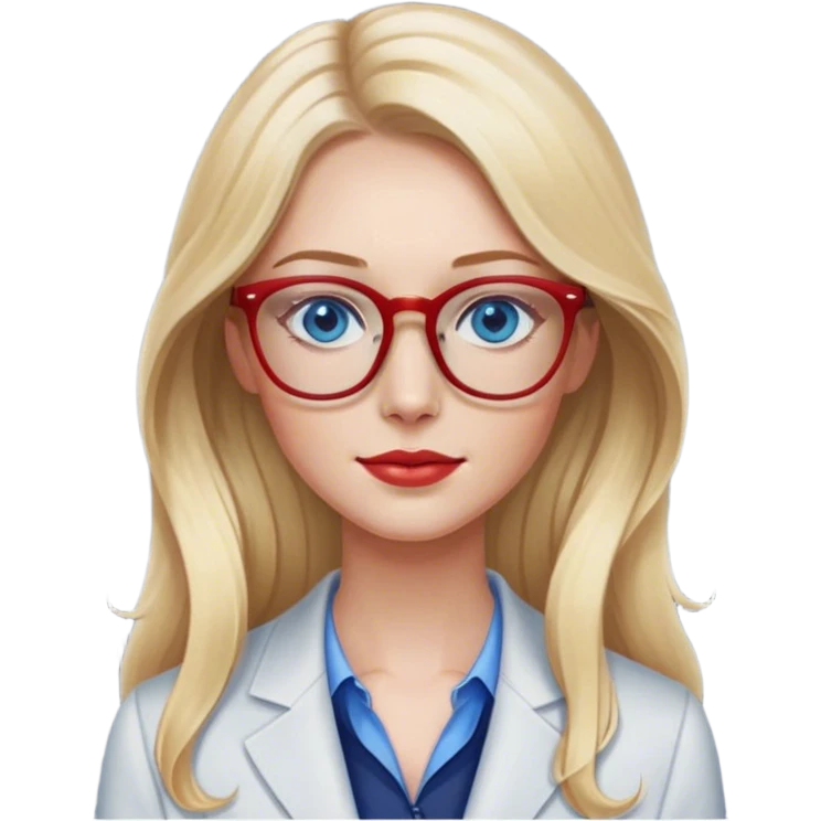 uma mulher de cabelos loiros, olhos azuis, de cabelos compridos com leves ondas, magra, de rosto fino, óculos vermelhos, vestida de forma elegante emoji