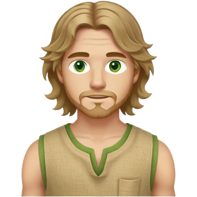 medieval summer outfit worn by a DnD themed fantasy male character. simple sleeveless hemp tunic with a deep round neckline and stitched reinforcements. clothes only above the waist. The clothes full waist. The character's haven't arms. character is white-skinned, light brown hair, green eyes, shoulder-length wavy hair. emoji