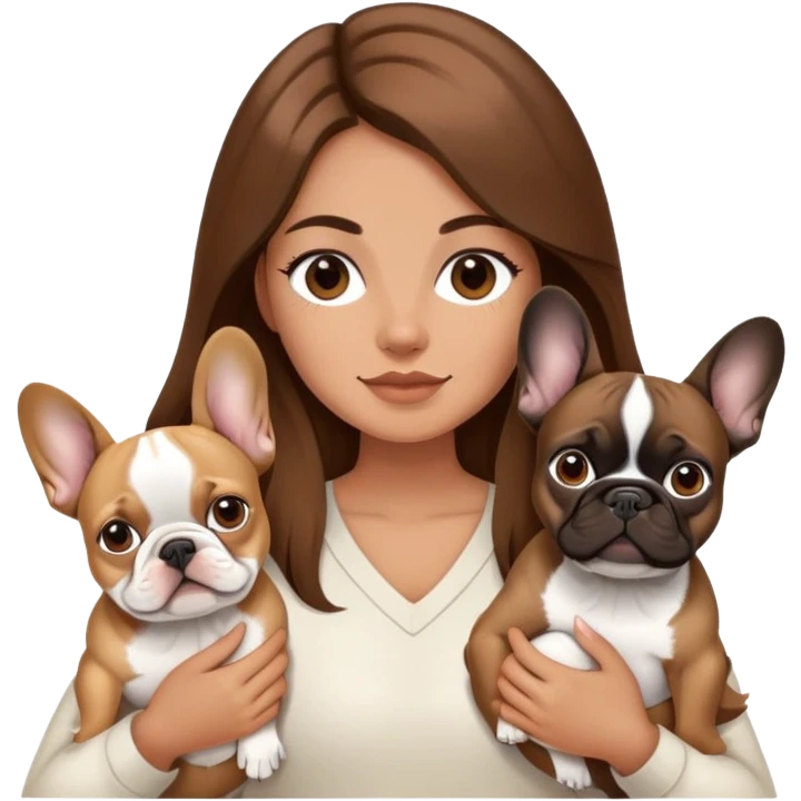 A girl with long brown hair is holding two French bulldogs, one beige and one black emoji