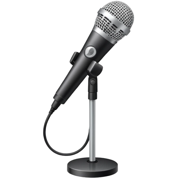 Minimalistic flat vector icon, iOS style, thin black contour on white background. Microphone on a stand with small spotlight rays. Clean, no text, no shadows emoji