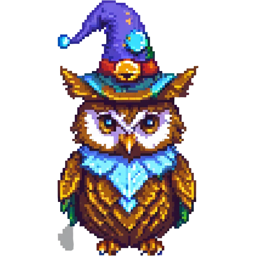 pixel art owl with a wizard hat emoji