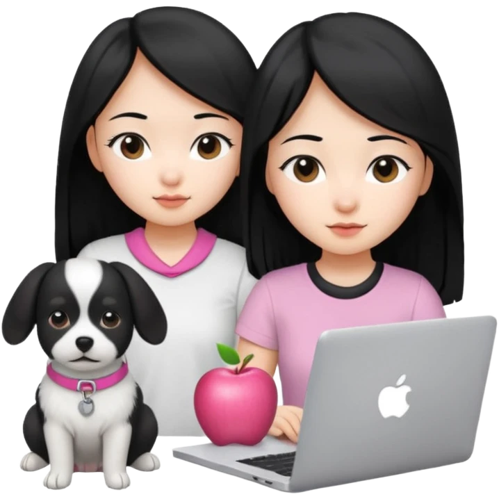 Blue back ground, Asian girl with long black hair , wearing a white t-shirt, working on an Apple laptop, next to her is a small black and white dog with pink collar on  emoji