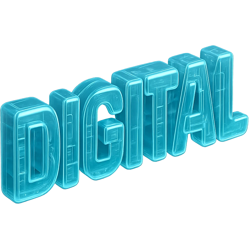 The word "DIGITAL" BOLD, cyan blue emoji