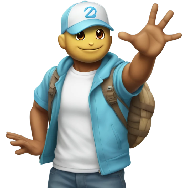 casual indoor portrait of male high fiving squirtle emoji