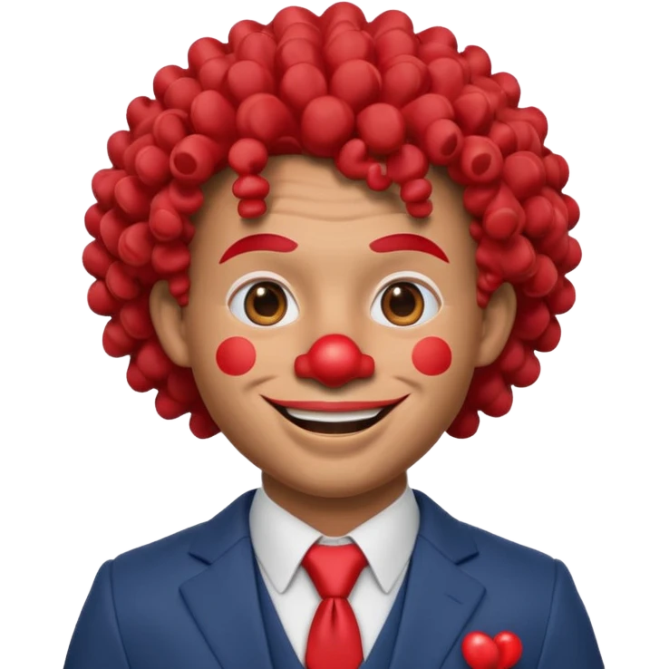 A 3D cartoon man with a red clown nose, smiling expression, wearing a suit, soft lighting, curley hair, realistic Memoji-style. emoji