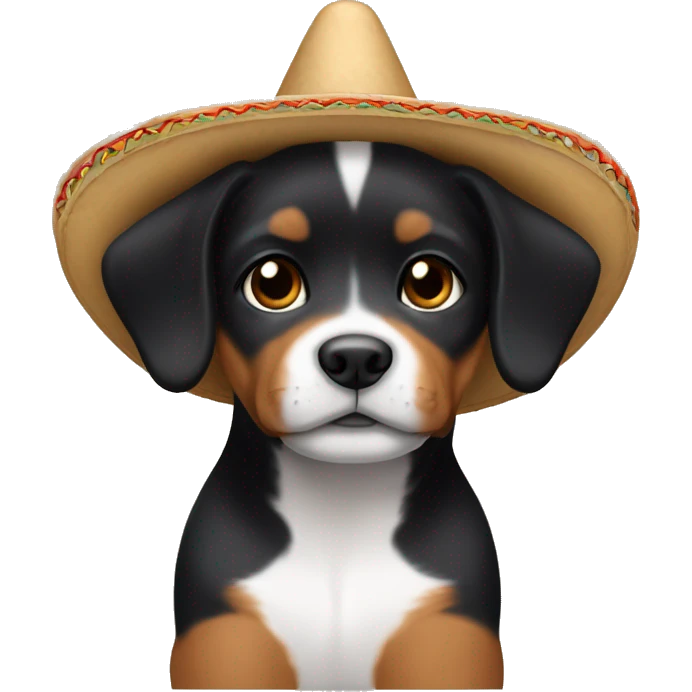 A black and brown pointy ear puppy without white with pointy ears and short fur wearing a sombrero  emoji