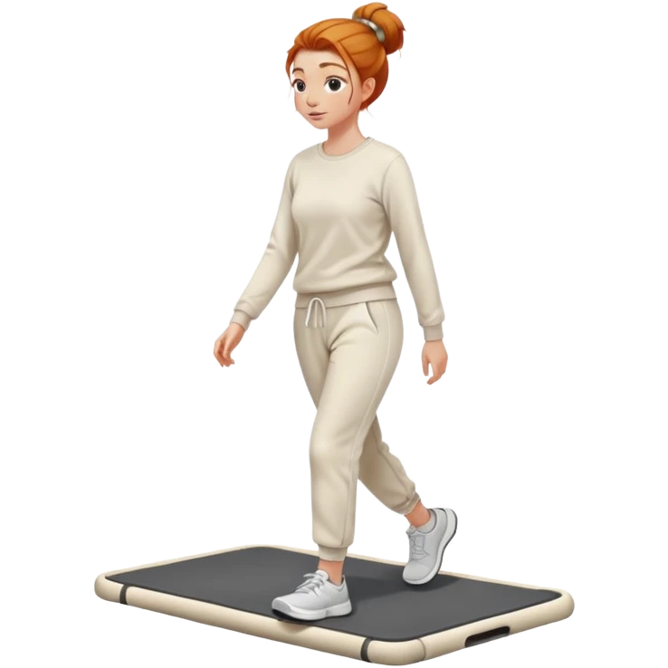 Gorgeous Ginger girl messy bun walking on walking pad cream sweatpants emoji